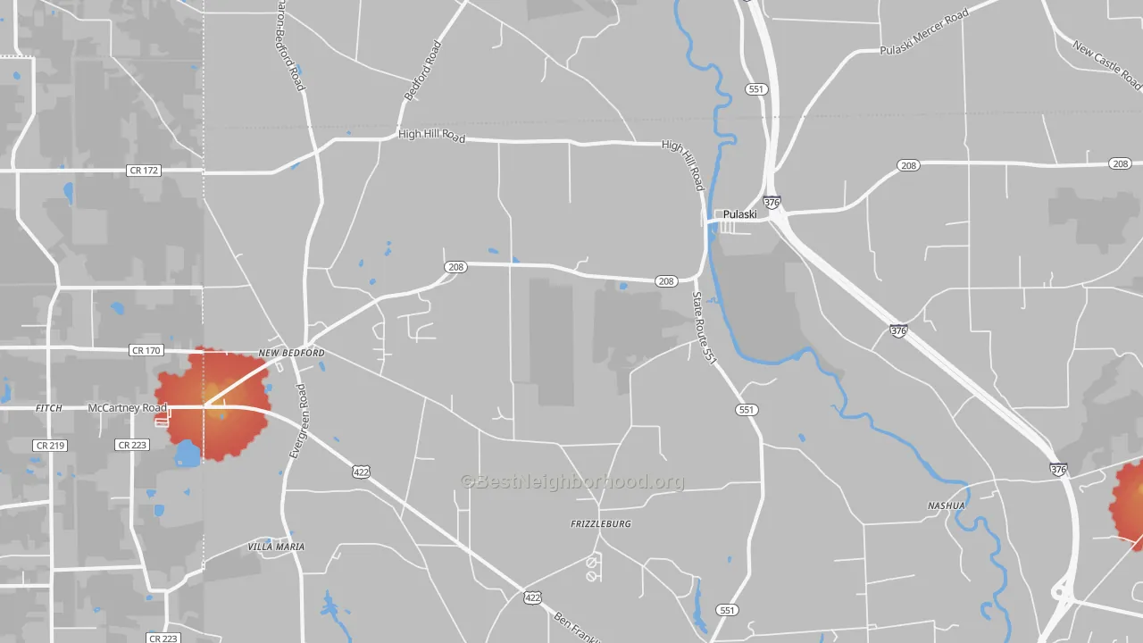 Walk Grade map of 16143, PA, walkable areas in green and car-dependent areas in red