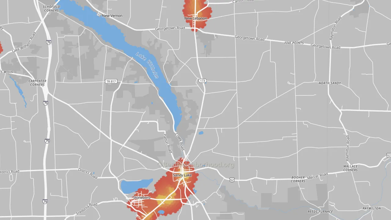 Walk Grade map of 16145, PA, walkable areas in green and car-dependent areas in red