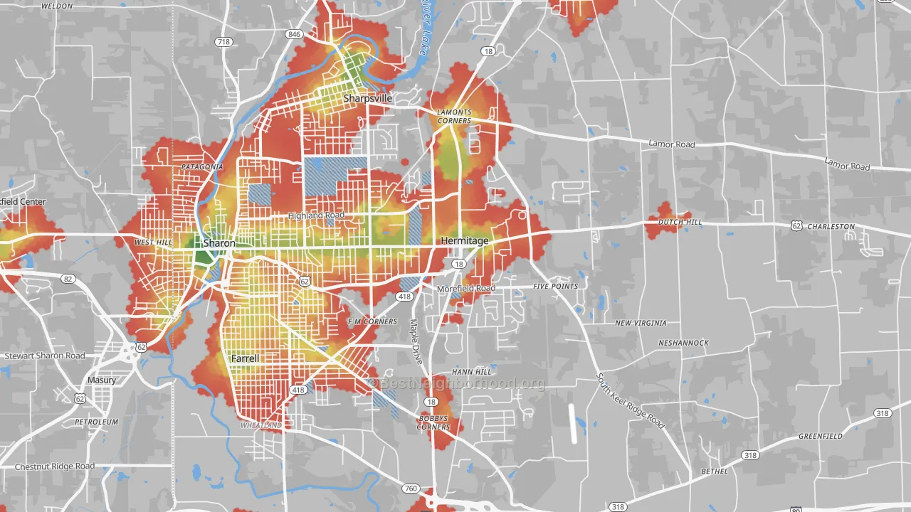 Walk Grade map of 16148, PA, walkable areas in green and car-dependent areas in red