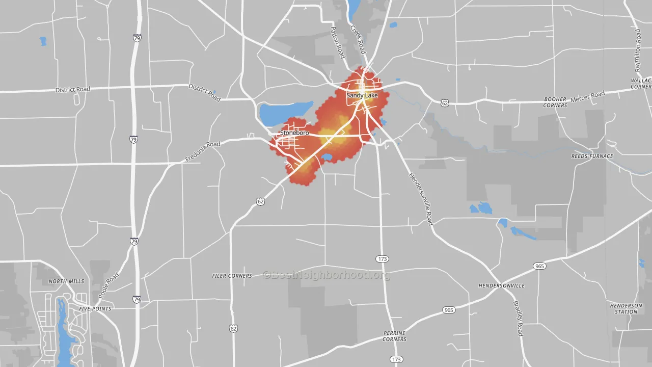 Walk Grade map of 16153, PA, walkable areas in green and car-dependent areas in red