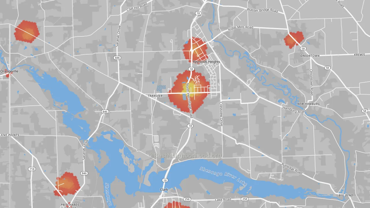 Walk Grade map of 16154, PA, walkable areas in green and car-dependent areas in red