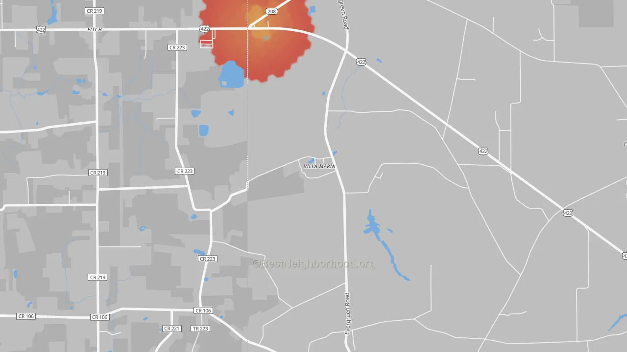 Walk Grade map of 16155, PA, walkable areas in green and car-dependent areas in red