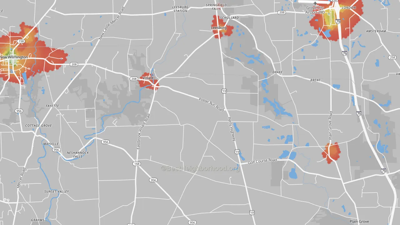 Walk Grade map of 16156, PA, walkable areas in green and car-dependent areas in red