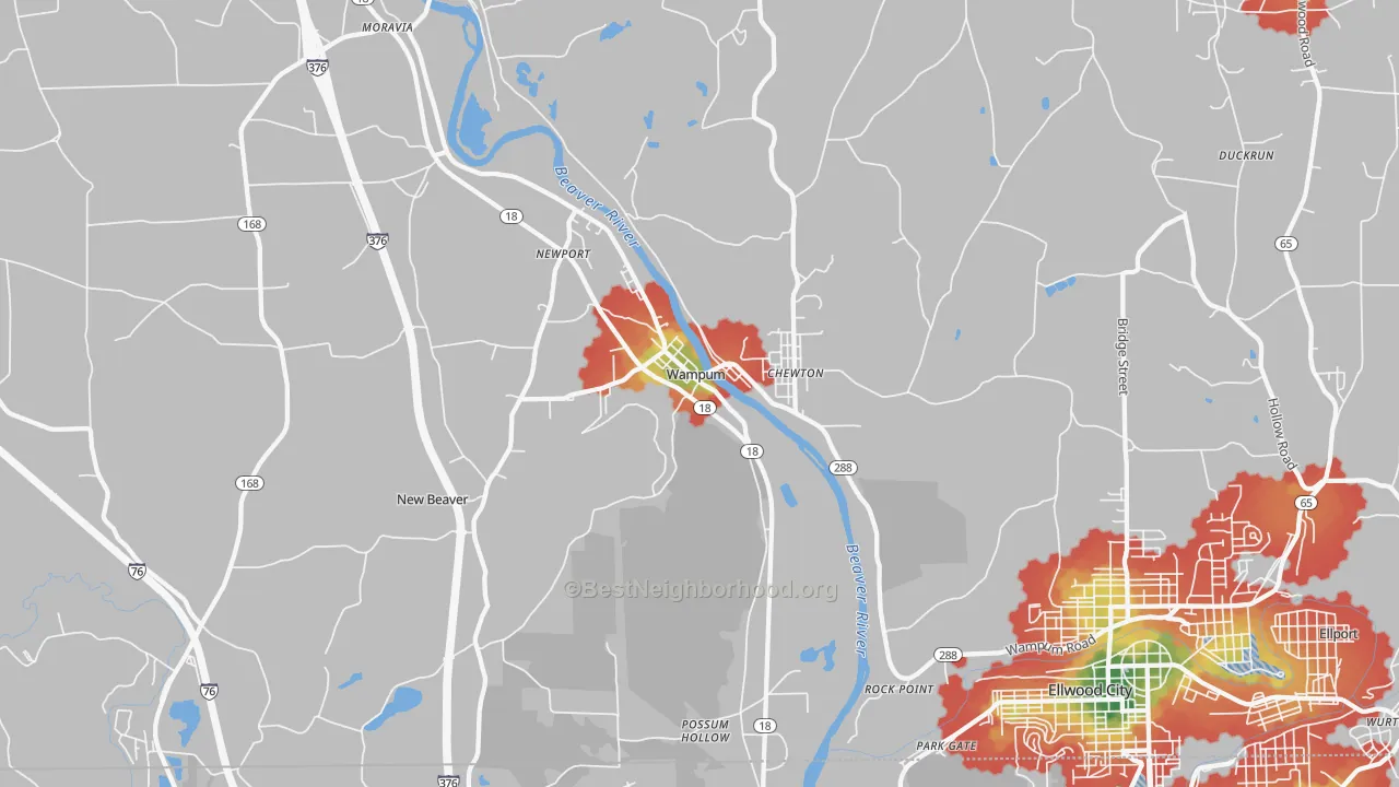 Walk Grade map of 16157, PA, walkable areas in green and car-dependent areas in red