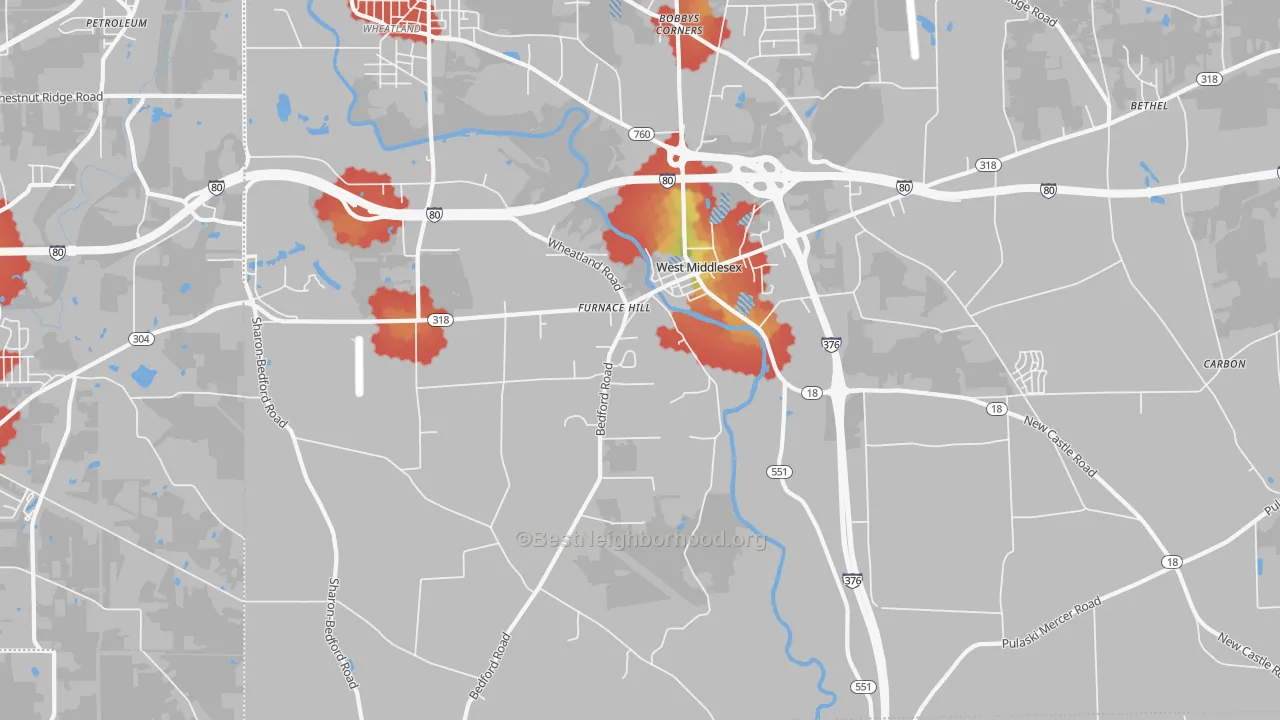 Walk Grade map of 16159, PA, walkable areas in green and car-dependent areas in red