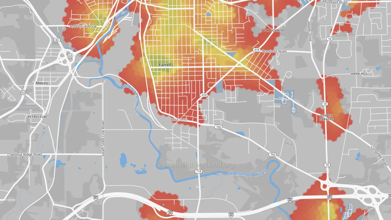 Walk Grade map of 16161, PA, walkable areas in green and car-dependent areas in red