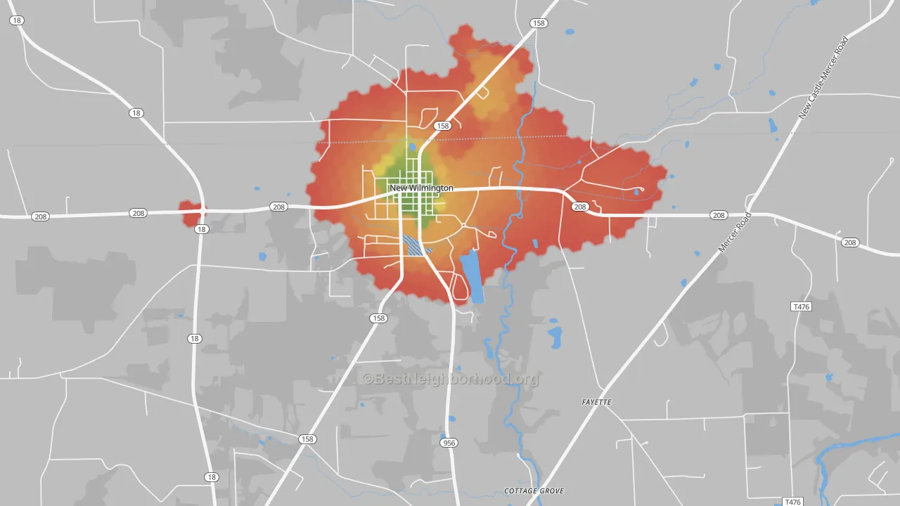 Walk Grade map of 16172, PA, walkable areas in green and car-dependent areas in red