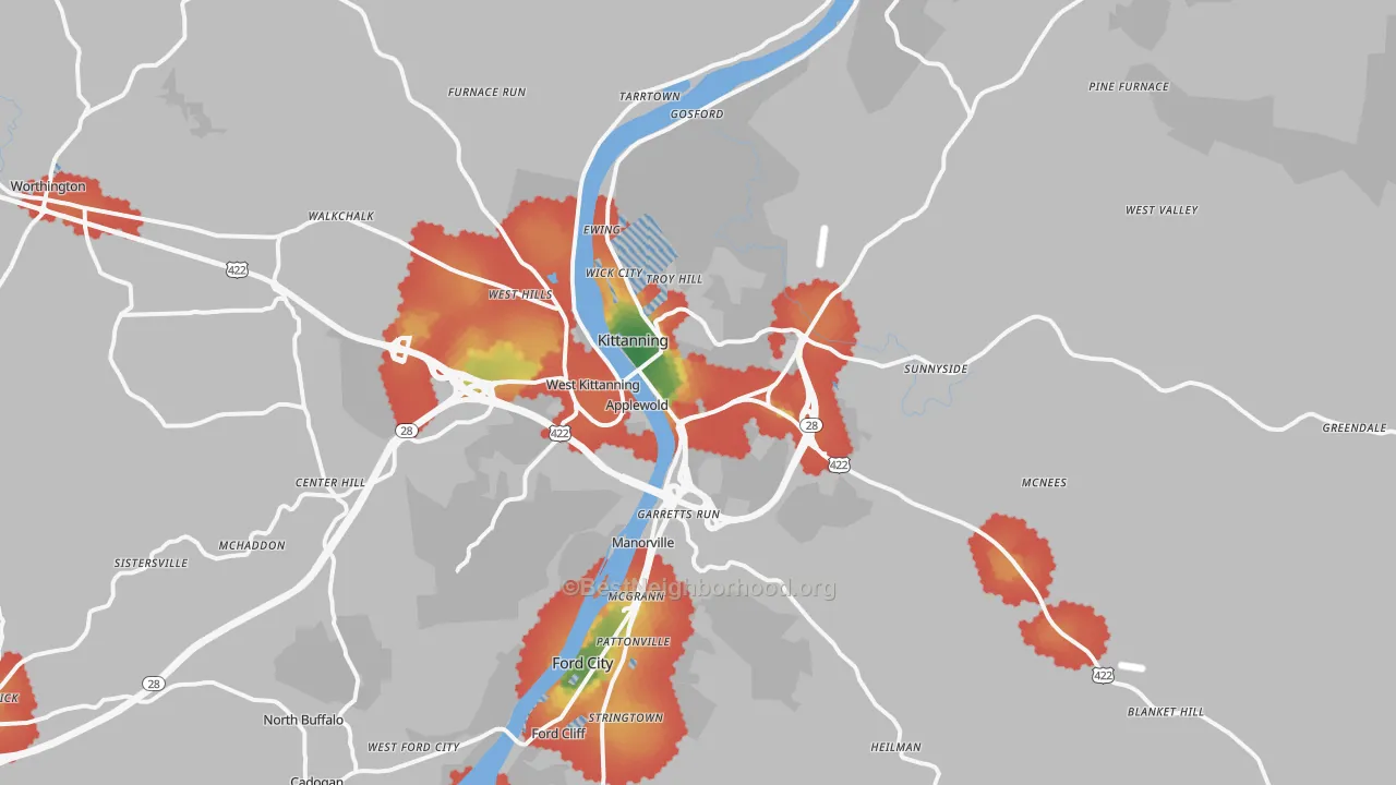 Walk Grade map of 16201, PA, walkable areas in green and car-dependent areas in red