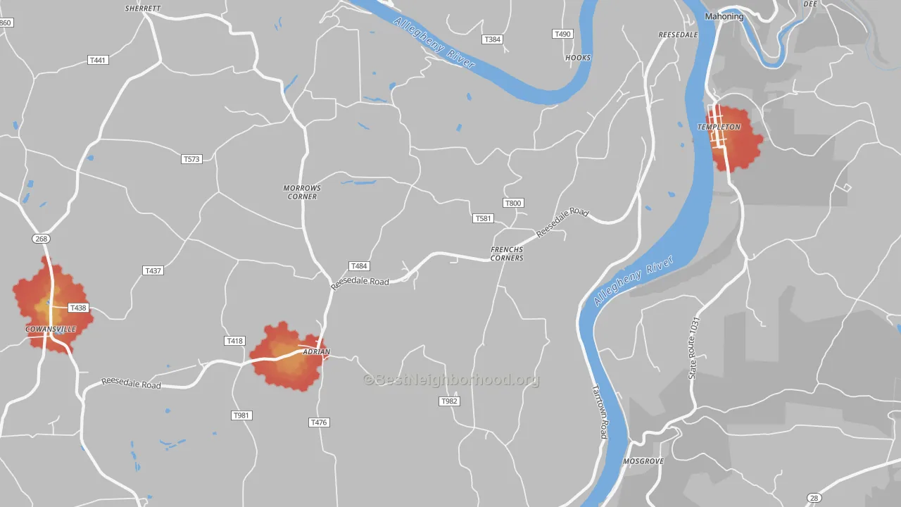 Walk Grade map of 16210, PA, walkable areas in green and car-dependent areas in red