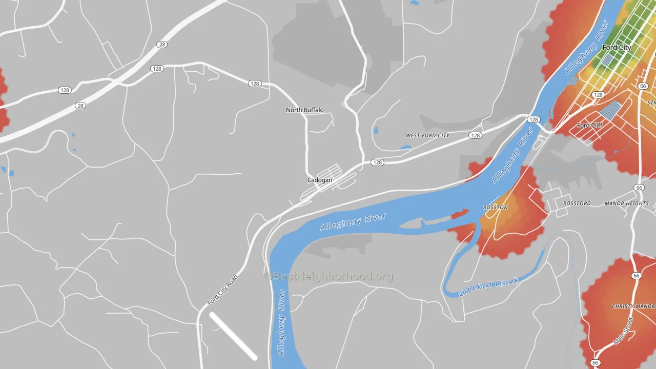 Walk Grade map of 16212, PA, walkable areas in green and car-dependent areas in red