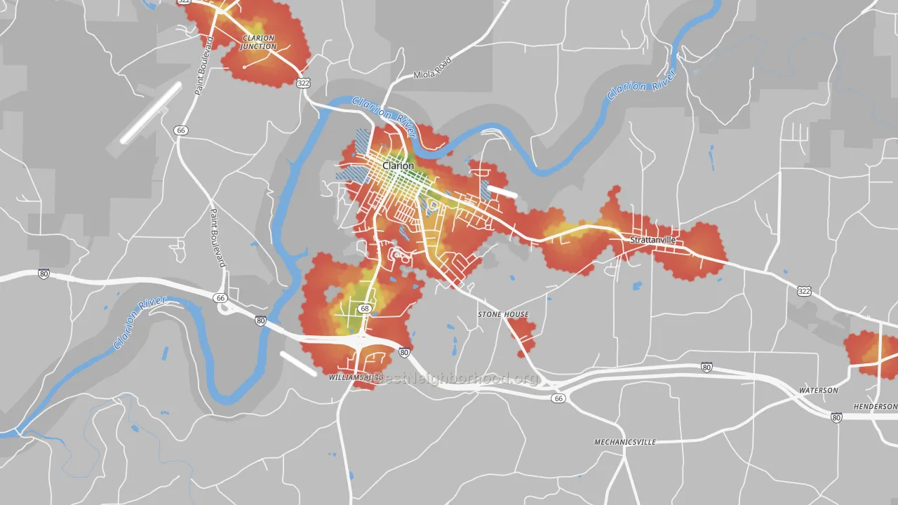 Walk Grade map of 16214, PA, walkable areas in green and car-dependent areas in red