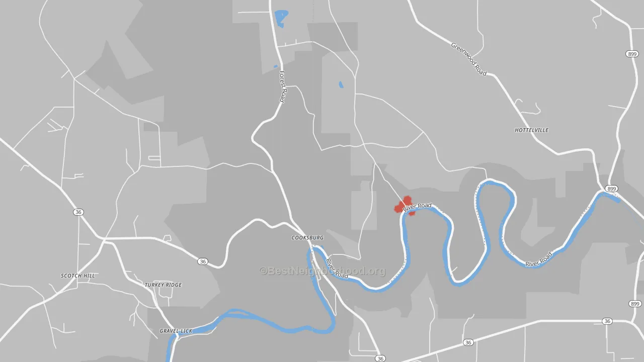 Walk Grade map of 16217, PA, walkable areas in green and car-dependent areas in red