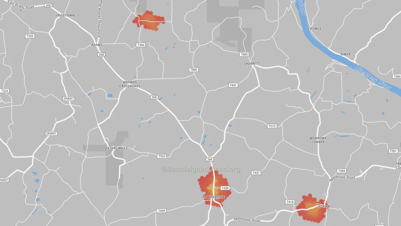 Walk Grade map of 16218, PA, walkable areas in green and car-dependent areas in red