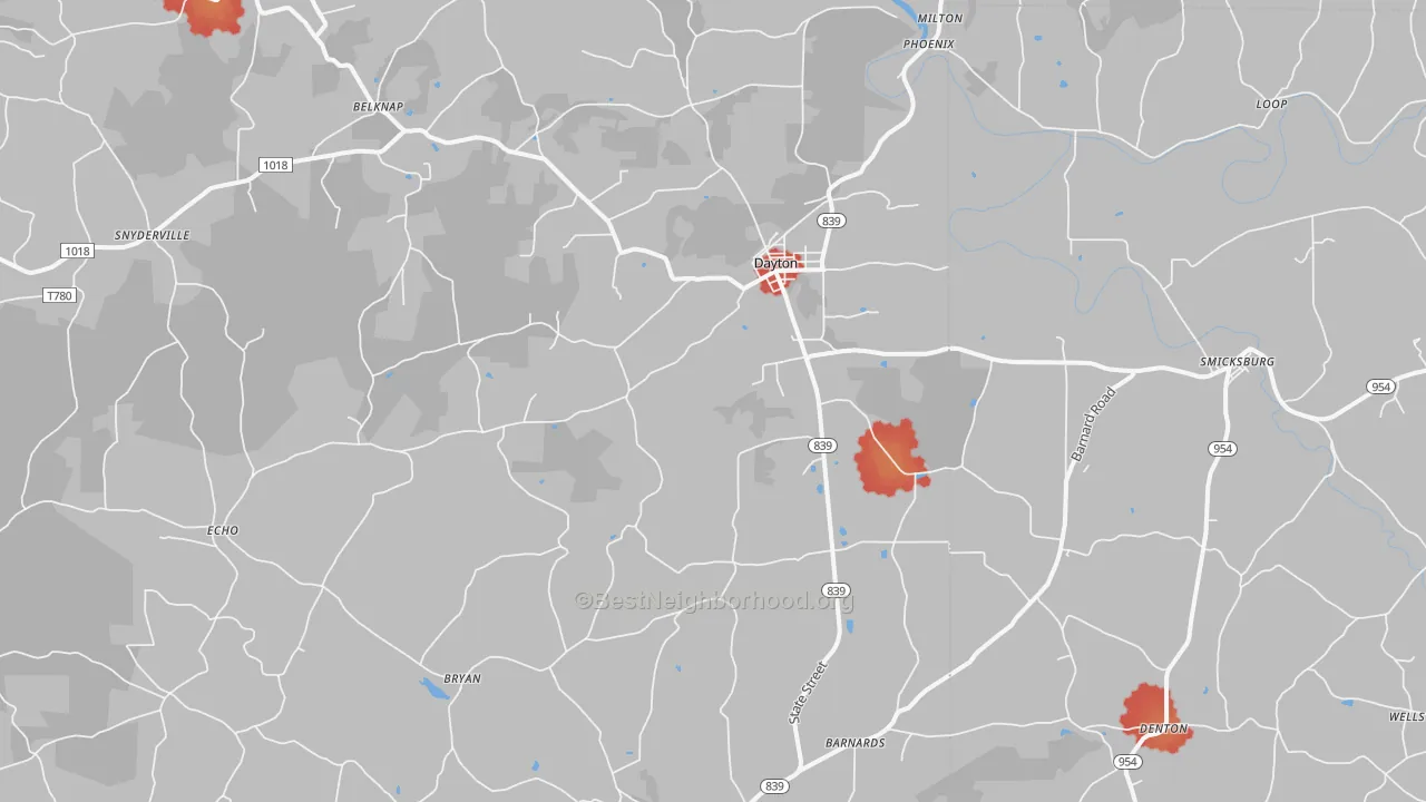 Walk Grade map of 16222, PA, walkable areas in green and car-dependent areas in red