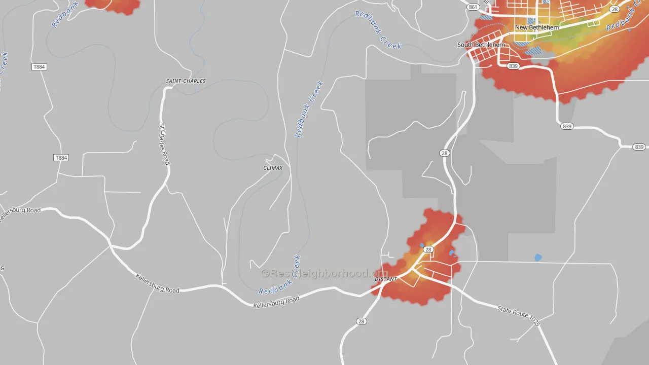 Walk Grade map of 16223, PA, walkable areas in green and car-dependent areas in red