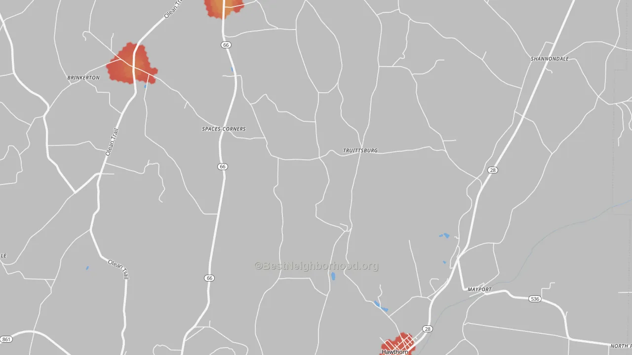 Walk Grade map of 16224, PA, walkable areas in green and car-dependent areas in red