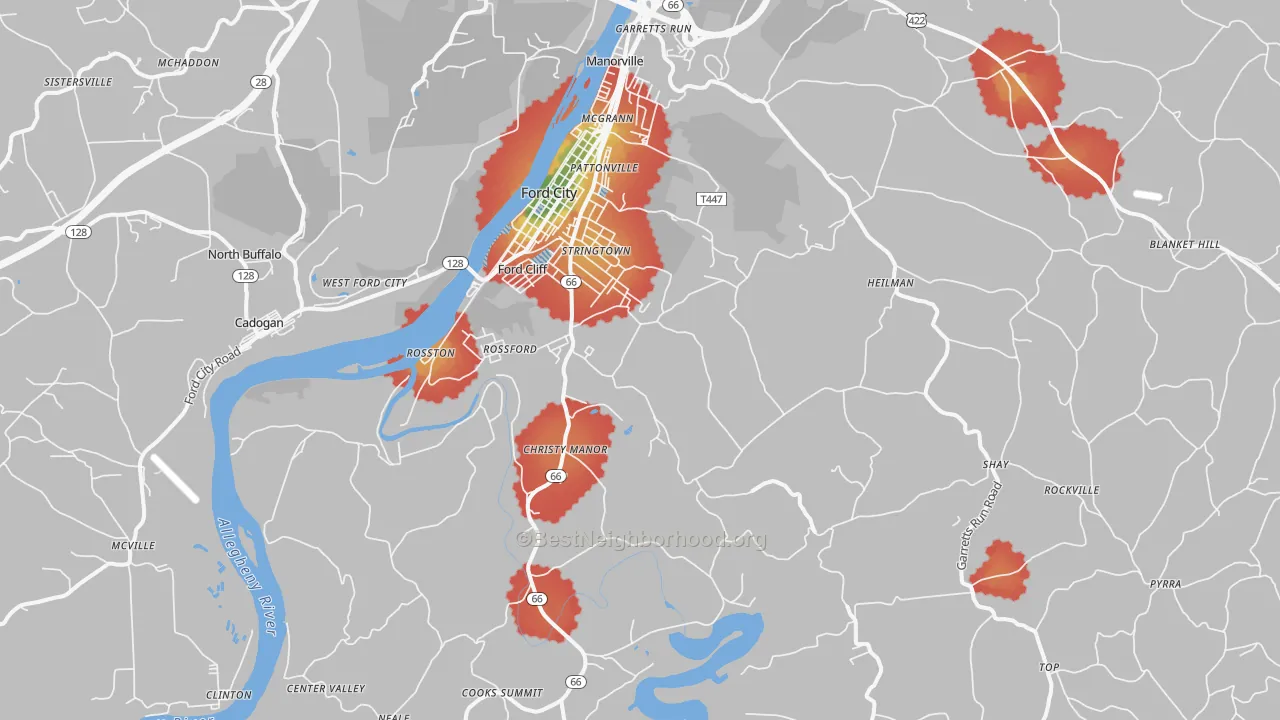 Walk Grade map of 16226, PA, walkable areas in green and car-dependent areas in red