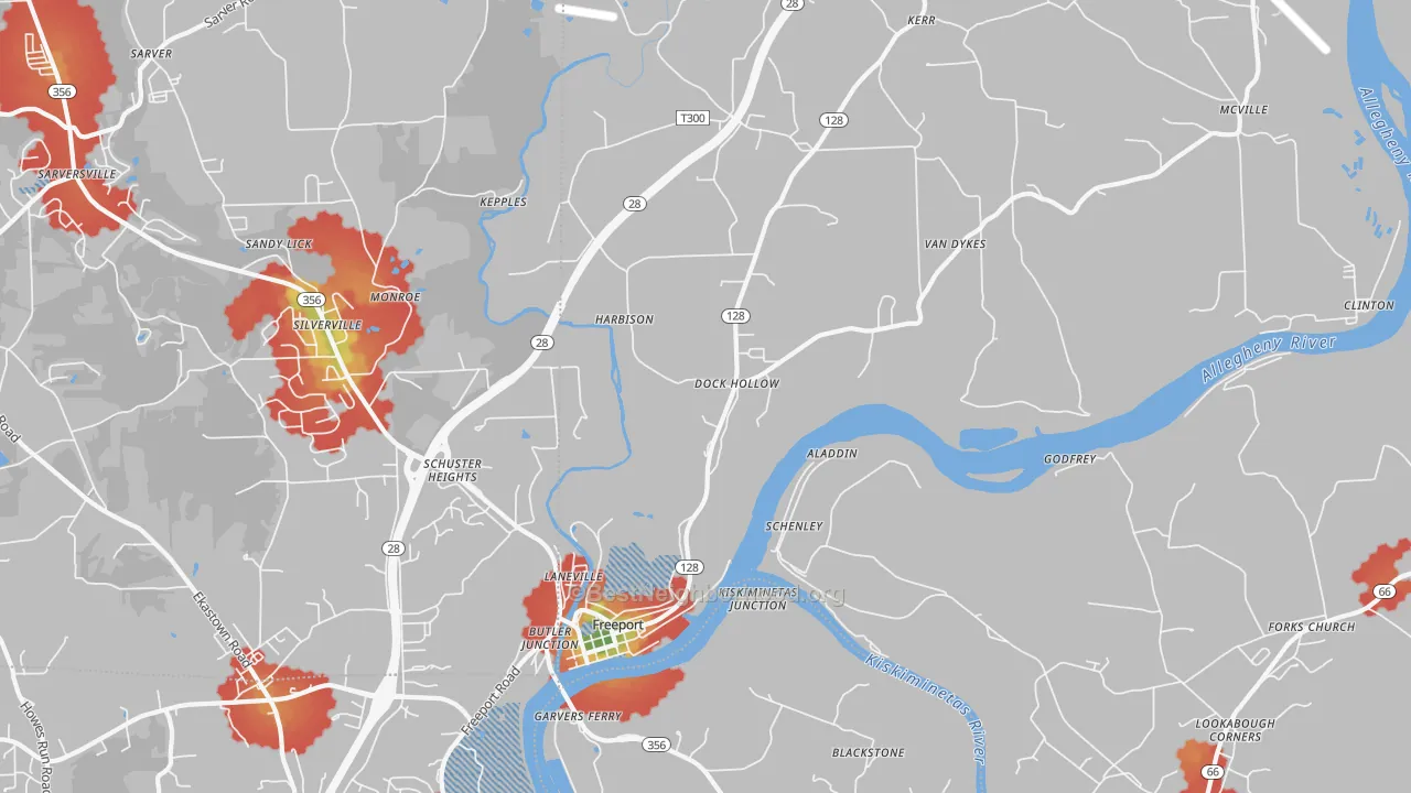 Walk Grade map of 16229, PA, walkable areas in green and car-dependent areas in red