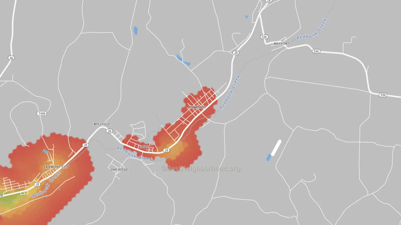 Walk Grade map of 16230, PA, walkable areas in green and car-dependent areas in red