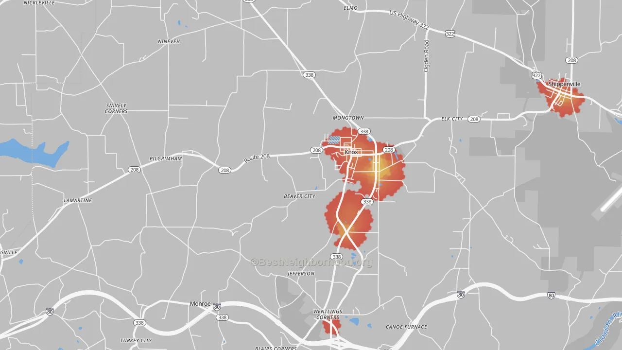 Walk Grade map of 16232, PA, walkable areas in green and car-dependent areas in red