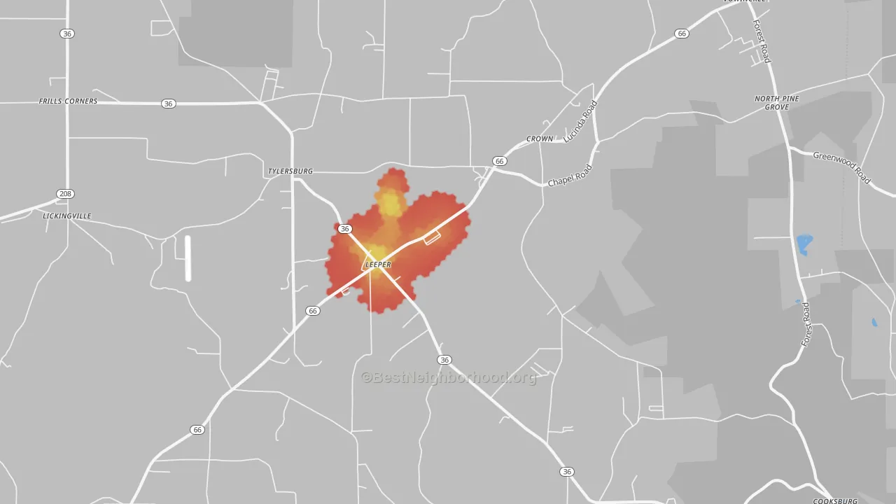 Walk Grade map of 16233, PA, walkable areas in green and car-dependent areas in red
