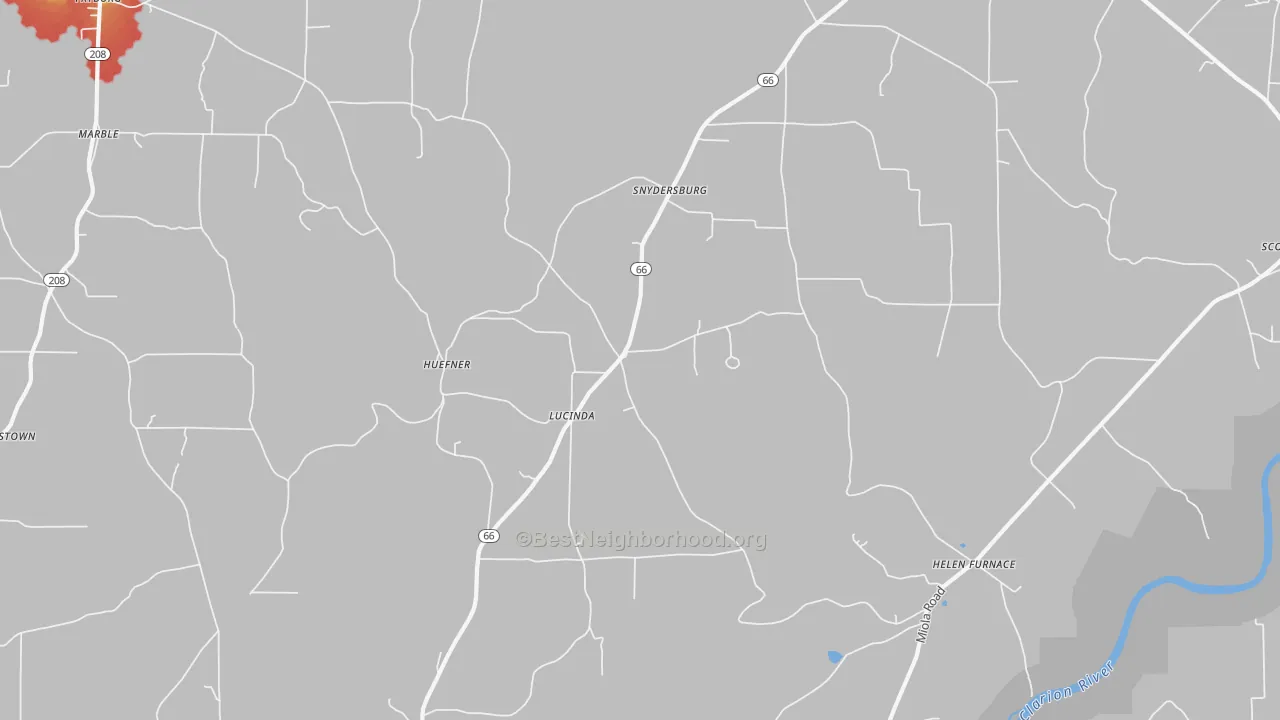 Walk Grade map of 16235, PA, walkable areas in green and car-dependent areas in red
