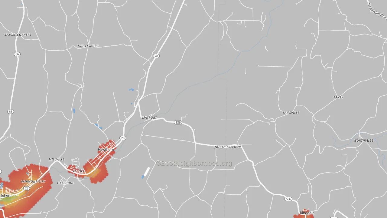 Walk Grade map of 16240, PA, walkable areas in green and car-dependent areas in red
