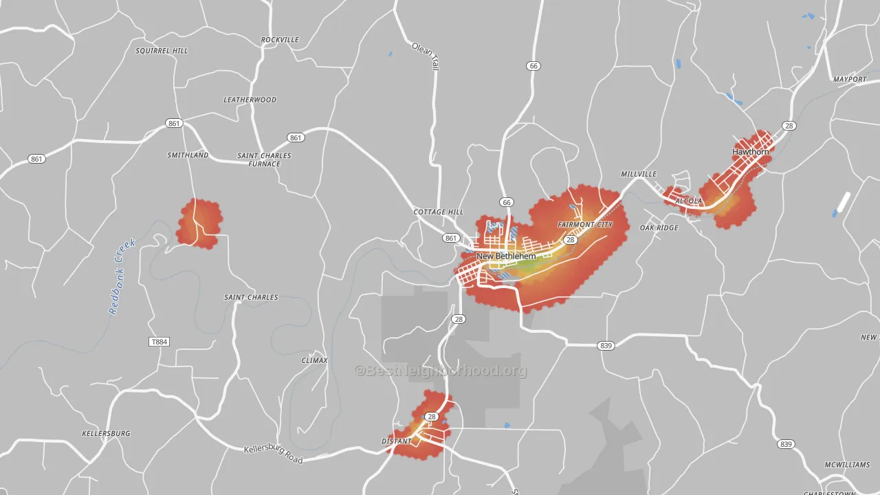 Walk Grade map of 16242, PA, walkable areas in green and car-dependent areas in red