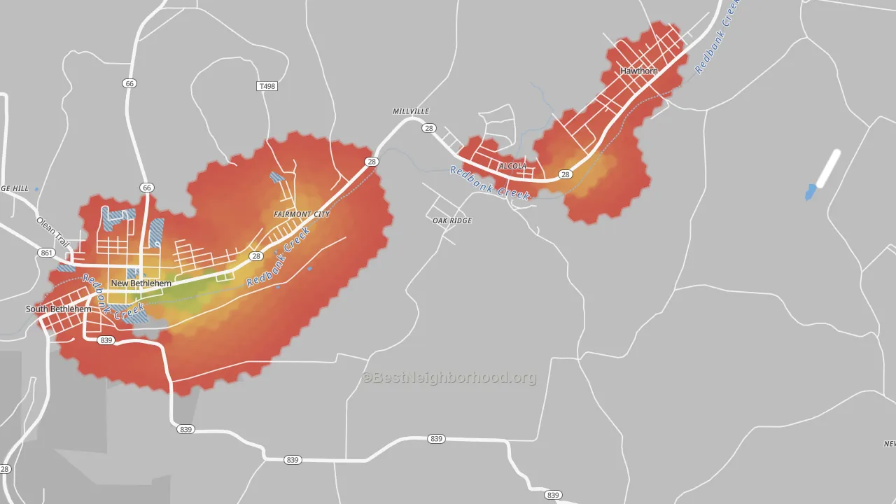 Walk Grade map of 16245, PA, walkable areas in green and car-dependent areas in red