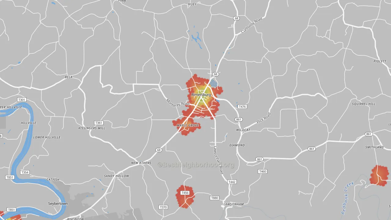 Walk Grade map of 16248, PA, walkable areas in green and car-dependent areas in red