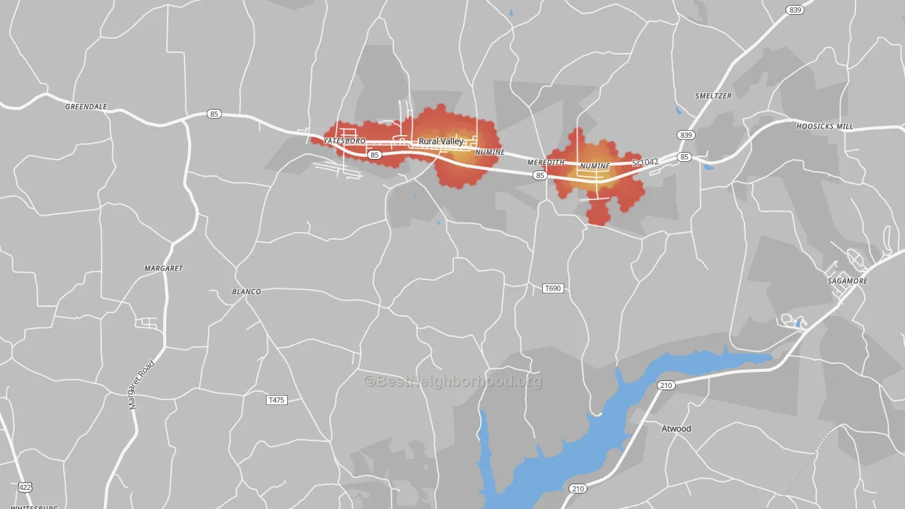 Walk Grade map of 16249, PA, walkable areas in green and car-dependent areas in red
