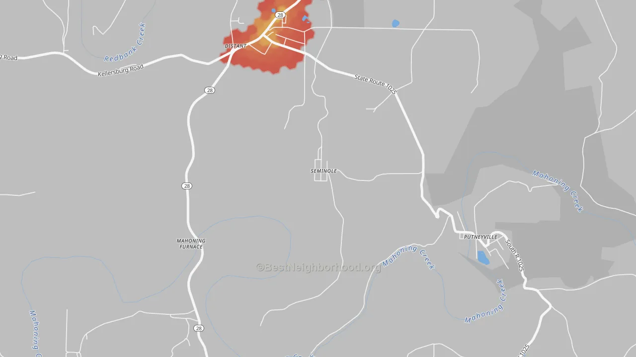 Walk Grade map of 16253, PA, walkable areas in green and car-dependent areas in red
