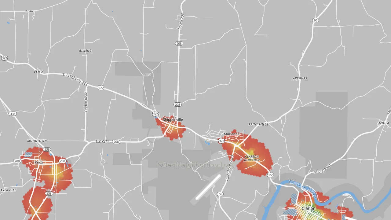 Walk Grade map of 16254, PA, walkable areas in green and car-dependent areas in red