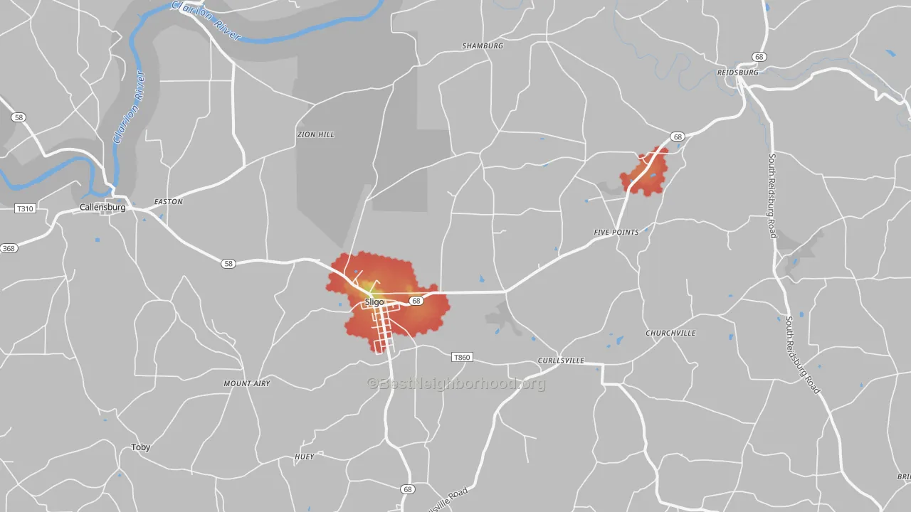 Walk Grade map of 16255, PA, walkable areas in green and car-dependent areas in red