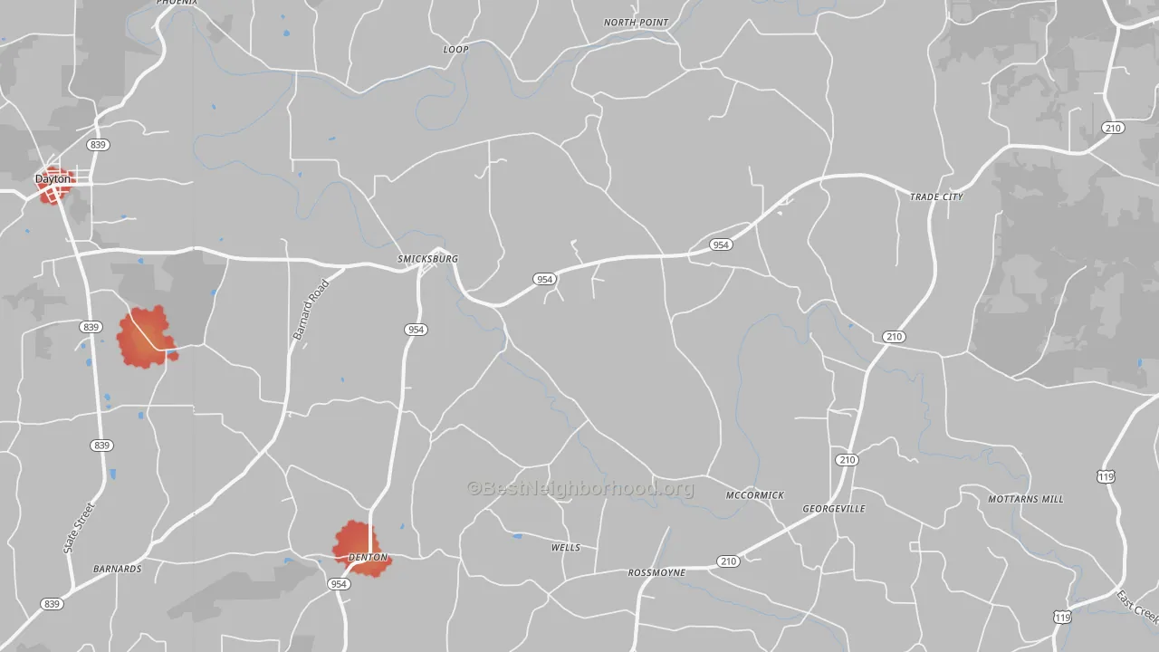 Walk Grade map of 16256, PA, walkable areas in green and car-dependent areas in red