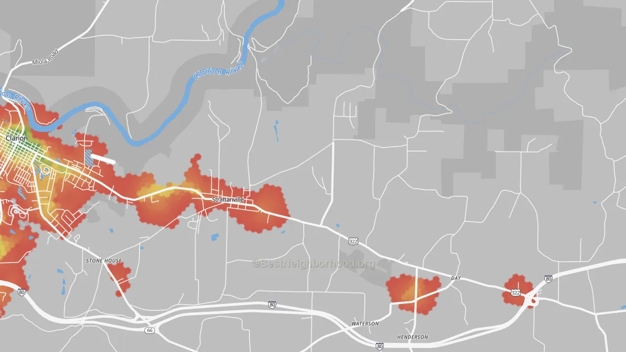 Walk Grade map of 16258, PA, walkable areas in green and car-dependent areas in red