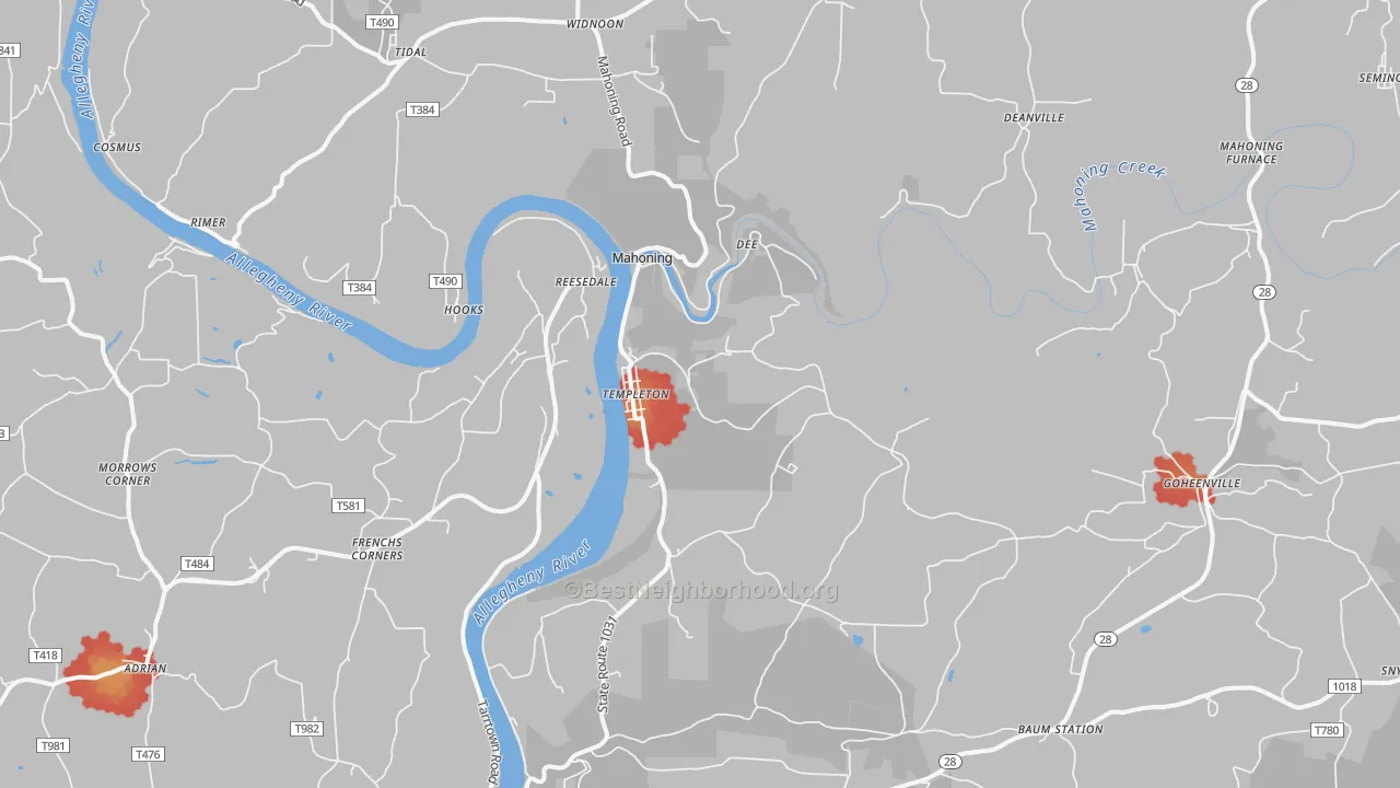 Walk Grade map of 16259, PA, walkable areas in green and car-dependent areas in red