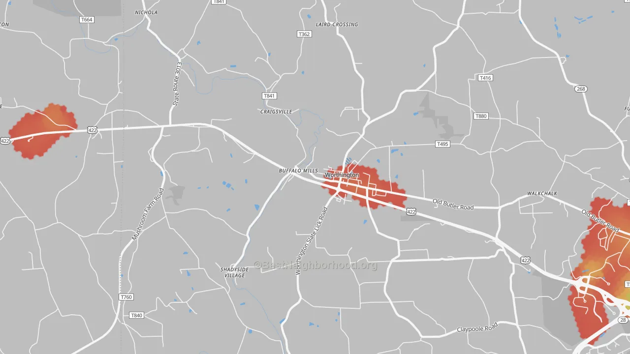 Walk Grade map of 16262, PA, walkable areas in green and car-dependent areas in red