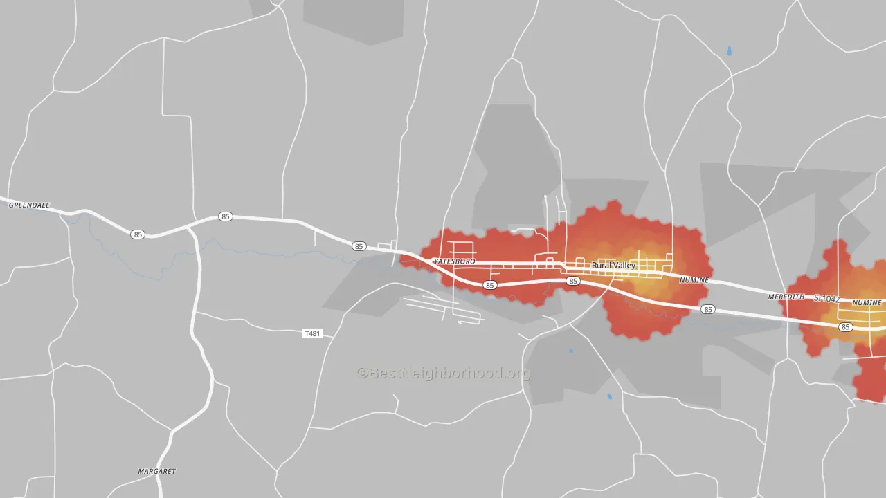 Walk Grade map of 16263, PA, walkable areas in green and car-dependent areas in red
