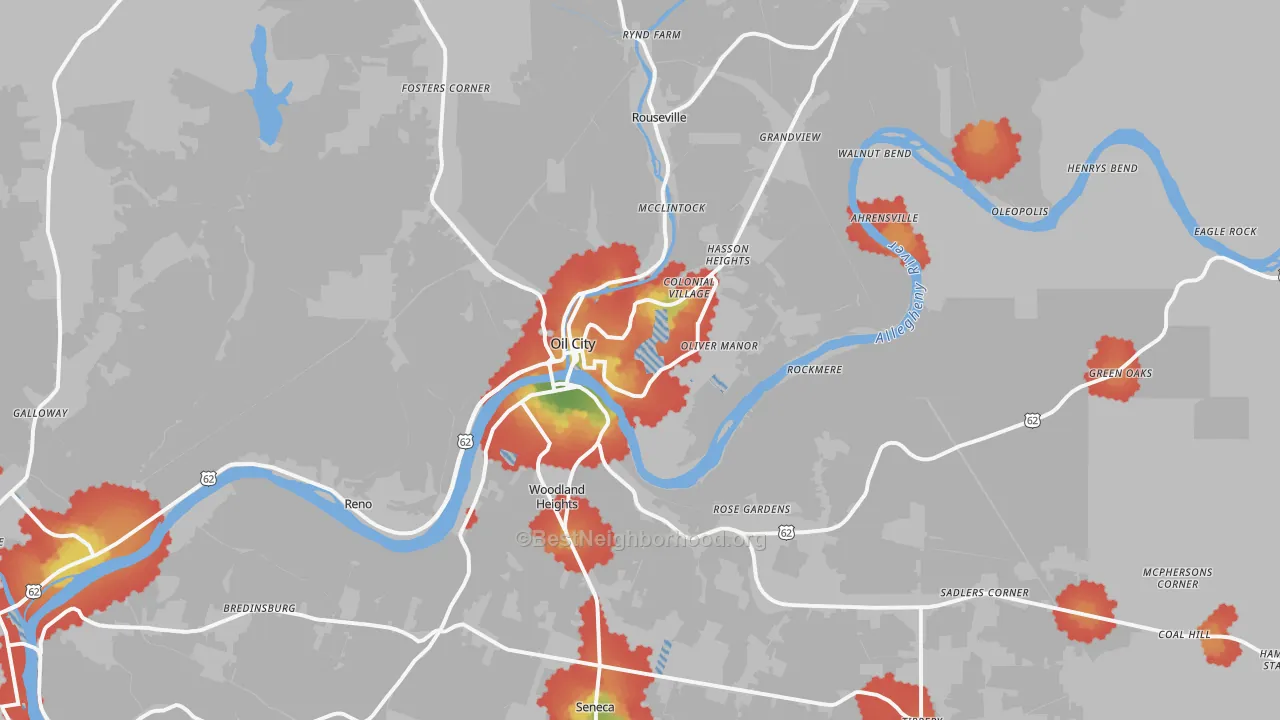 Walk Grade map of 16301, PA, walkable areas in green and car-dependent areas in red