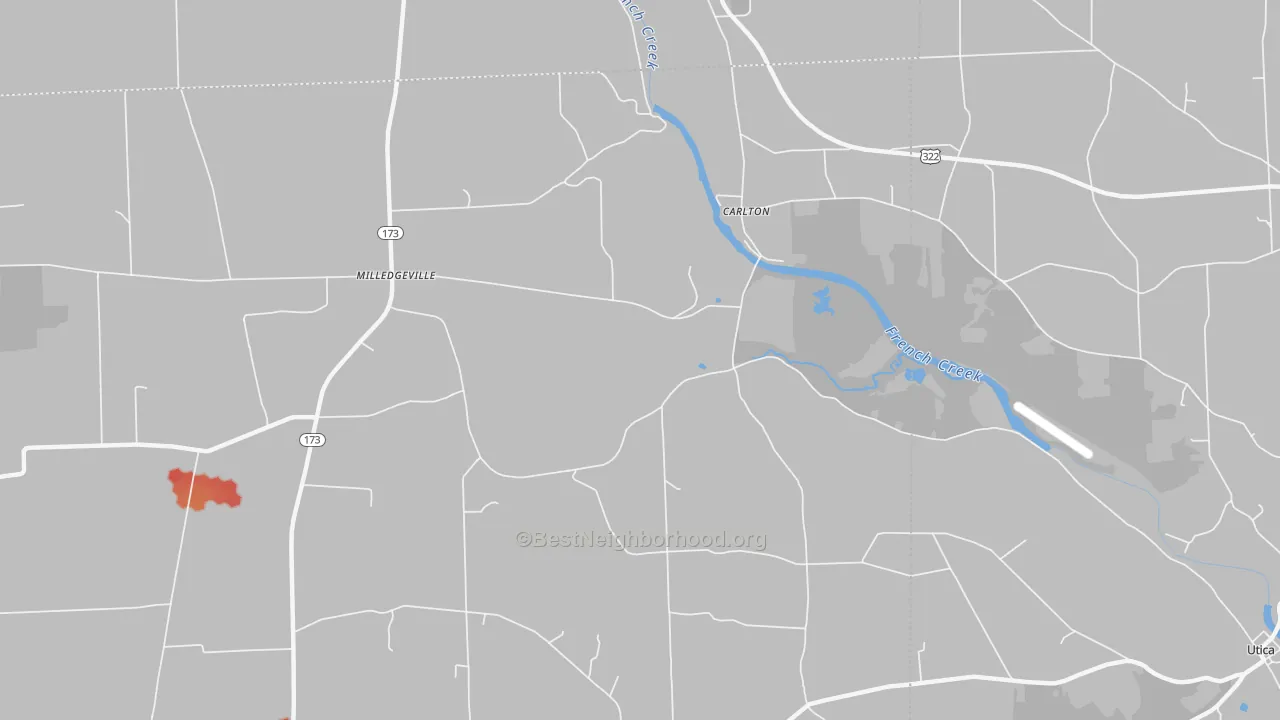 Walk Grade map of 16311, PA, walkable areas in green and car-dependent areas in red