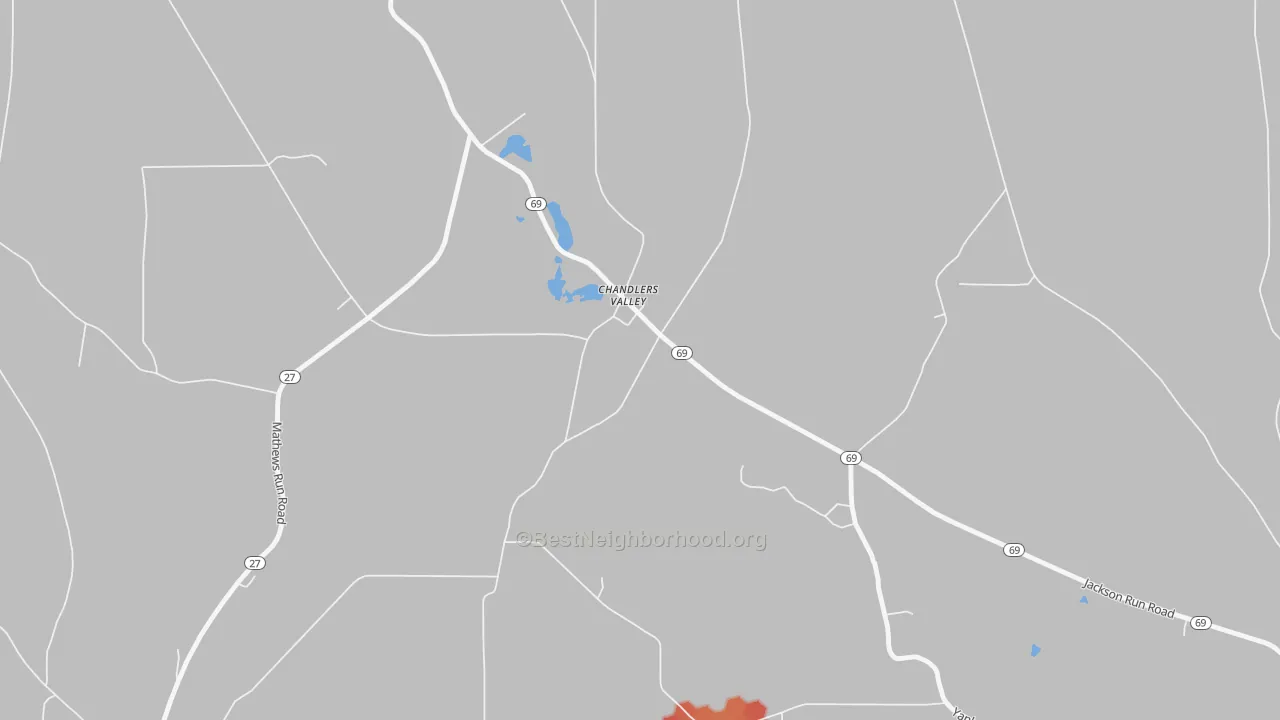 Walk Grade map of 16312, PA, walkable areas in green and car-dependent areas in red