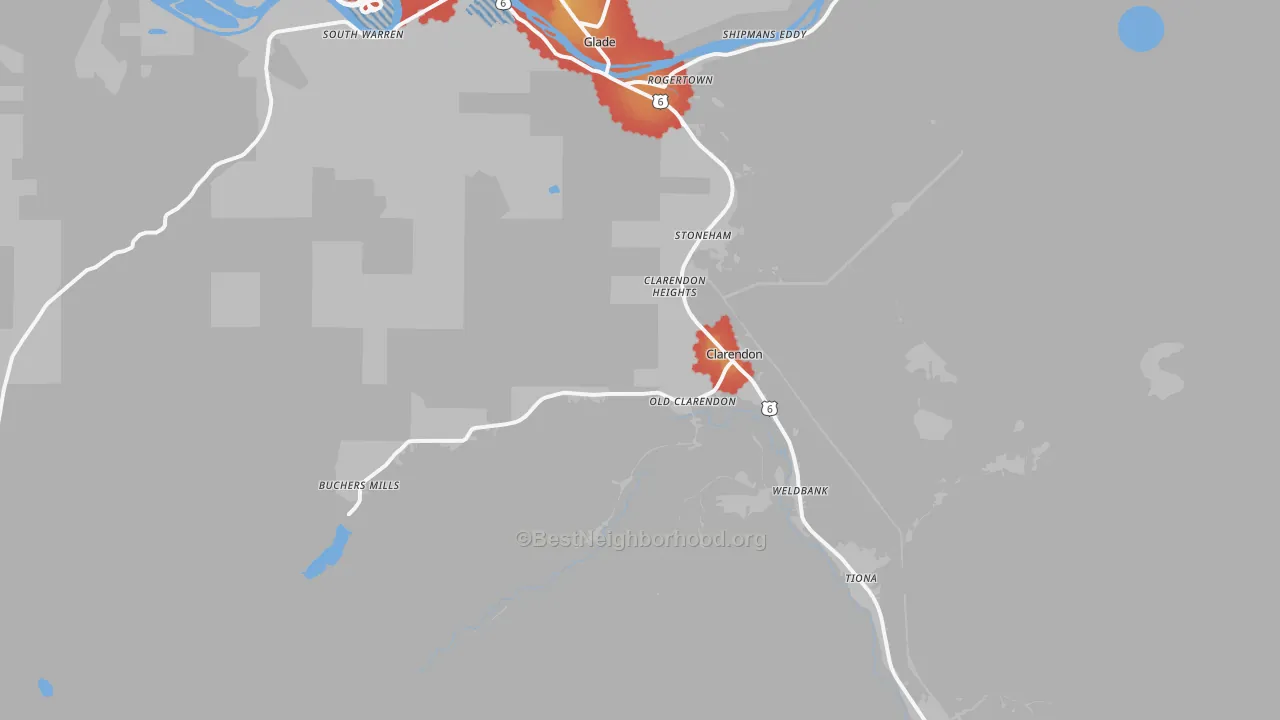 Walk Grade map of 16313, PA, walkable areas in green and car-dependent areas in red