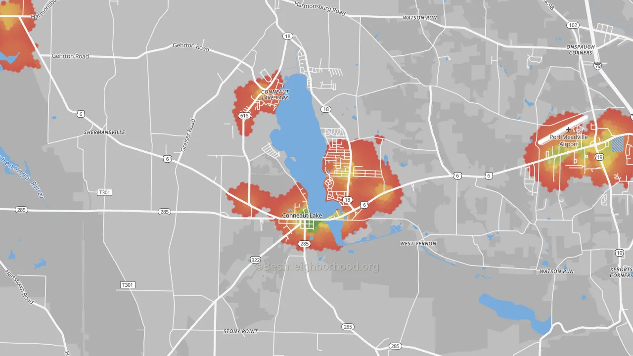 Walk Grade map of 16316, PA, walkable areas in green and car-dependent areas in red