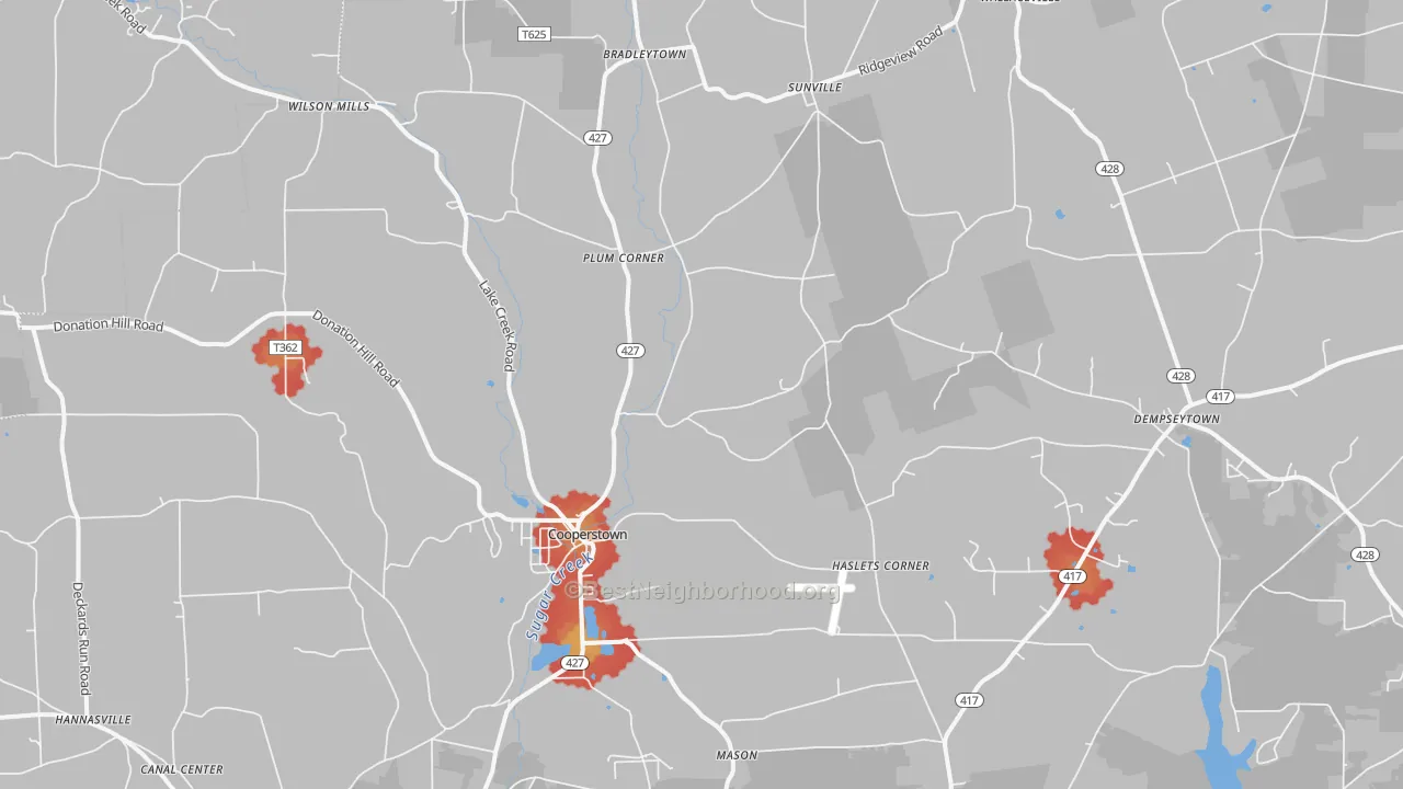 Walk Grade map of 16317, PA, walkable areas in green and car-dependent areas in red
