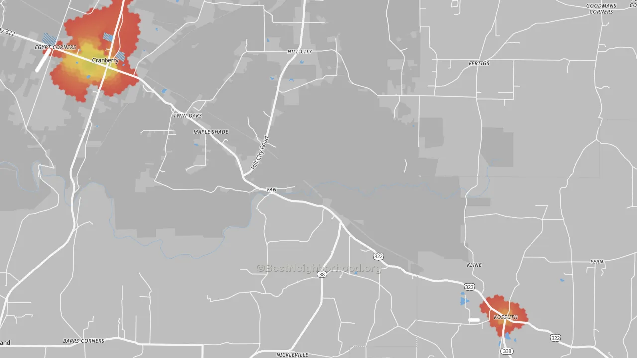 Walk Grade map of 16319, PA, walkable areas in green and car-dependent areas in red
