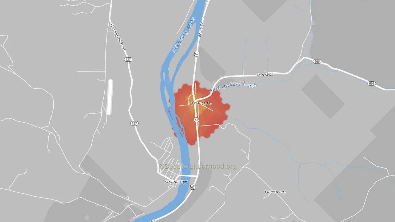 Walk Grade map of 16321, PA, walkable areas in green and car-dependent areas in red