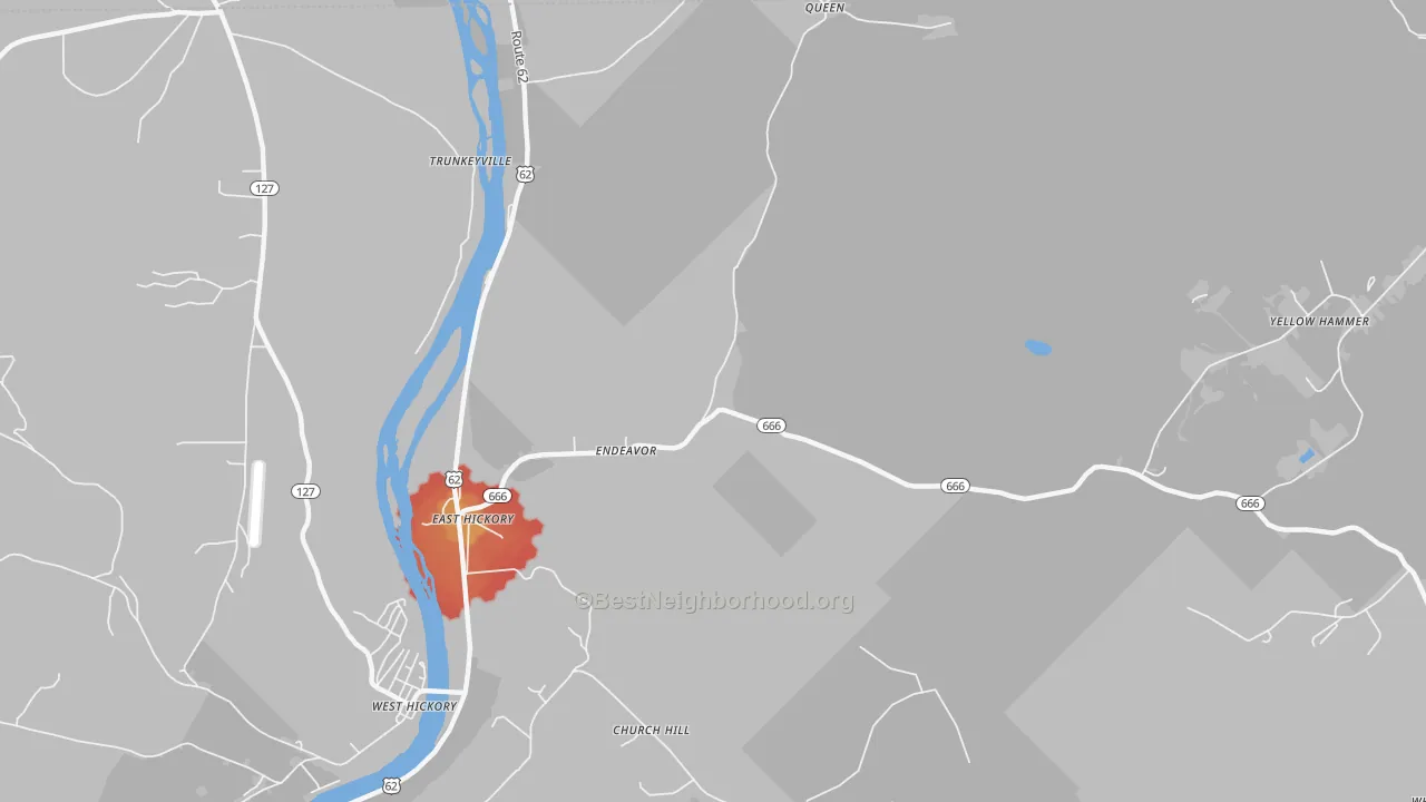 Walk Grade map of 16322, PA, walkable areas in green and car-dependent areas in red