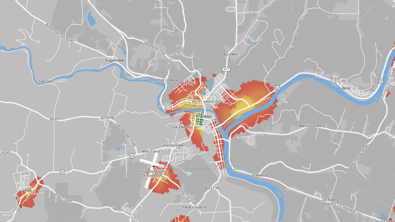 Walk Grade map of 16323, PA, walkable areas in green and car-dependent areas in red