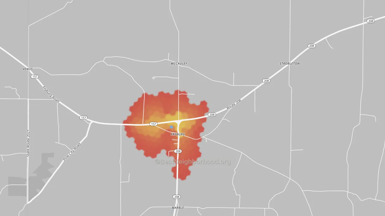 Walk Grade map of 16326, PA, walkable areas in green and car-dependent areas in red